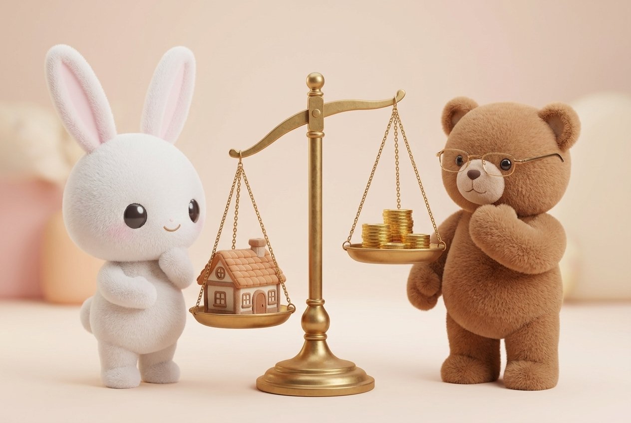 재산분할은 절반이 아니라 기여도에 따라 나눈다 — 하루와 마루가 저울을 살펴보는 모습