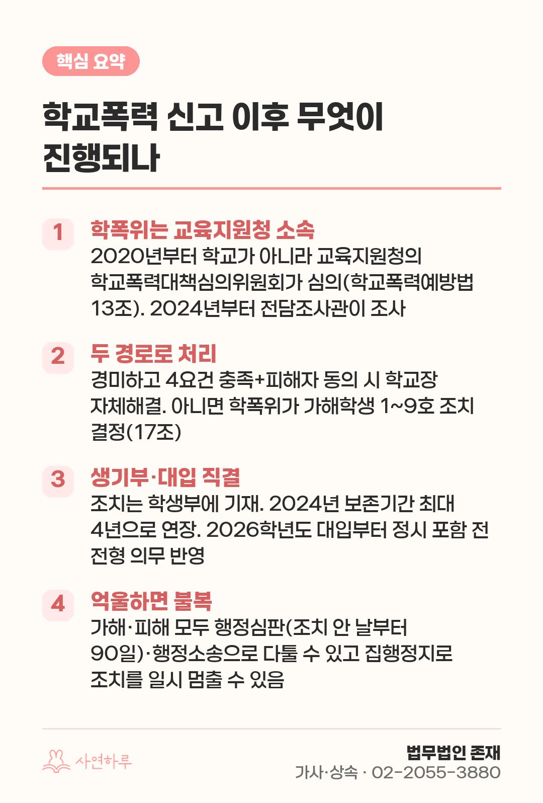 학교폭력 신고 이후 무엇이 진행되나 — 학폭위 절차·조치·불복 총정리 핵심 요약