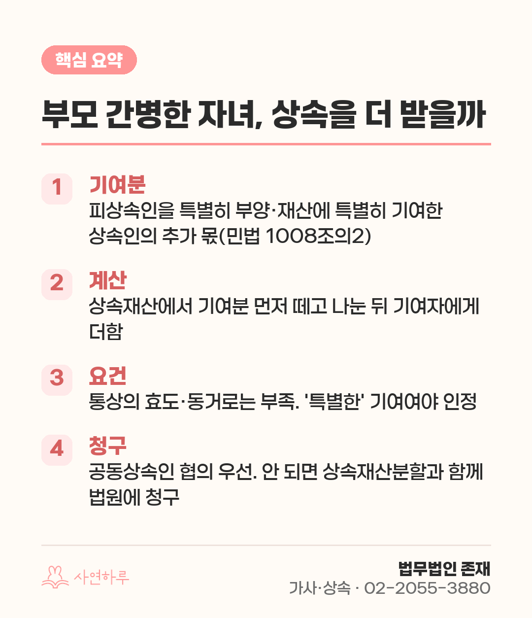 부모 간병한 자녀, 상속을 더 받을까 — 기여분 계산법 핵심 요약