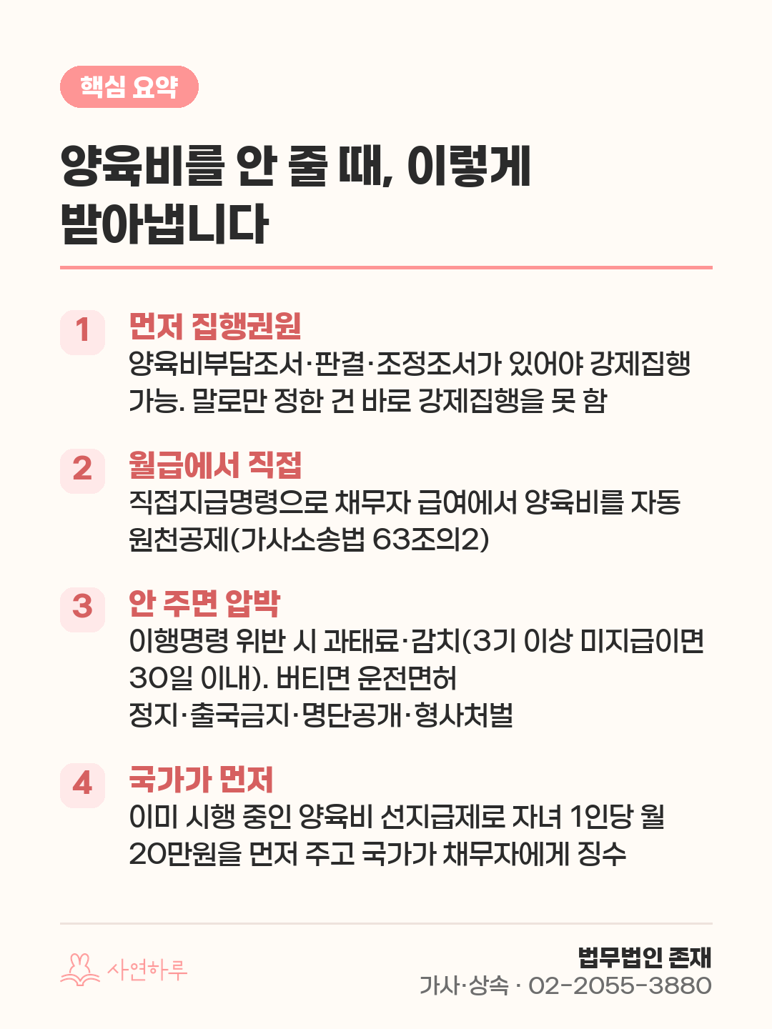 양육비를 안 줄 때, 이렇게 받아냅니다 — 직접지급·감치·국가 선지급까지 핵심 요약